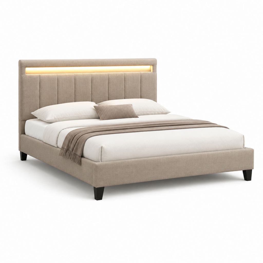 Polsterbett Doppelbett Beige Polyester Rechteckig mit LED-Kopfteil 160 x 200 cm
