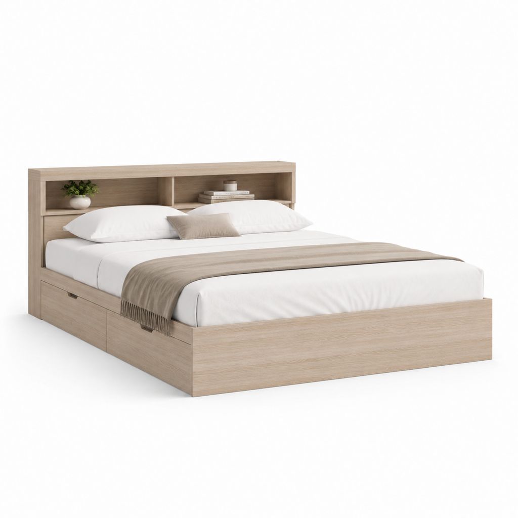 Stauraumbett Doppelbett Eiche Hell Spanplatte Rechteckig 160 x 200 cm
