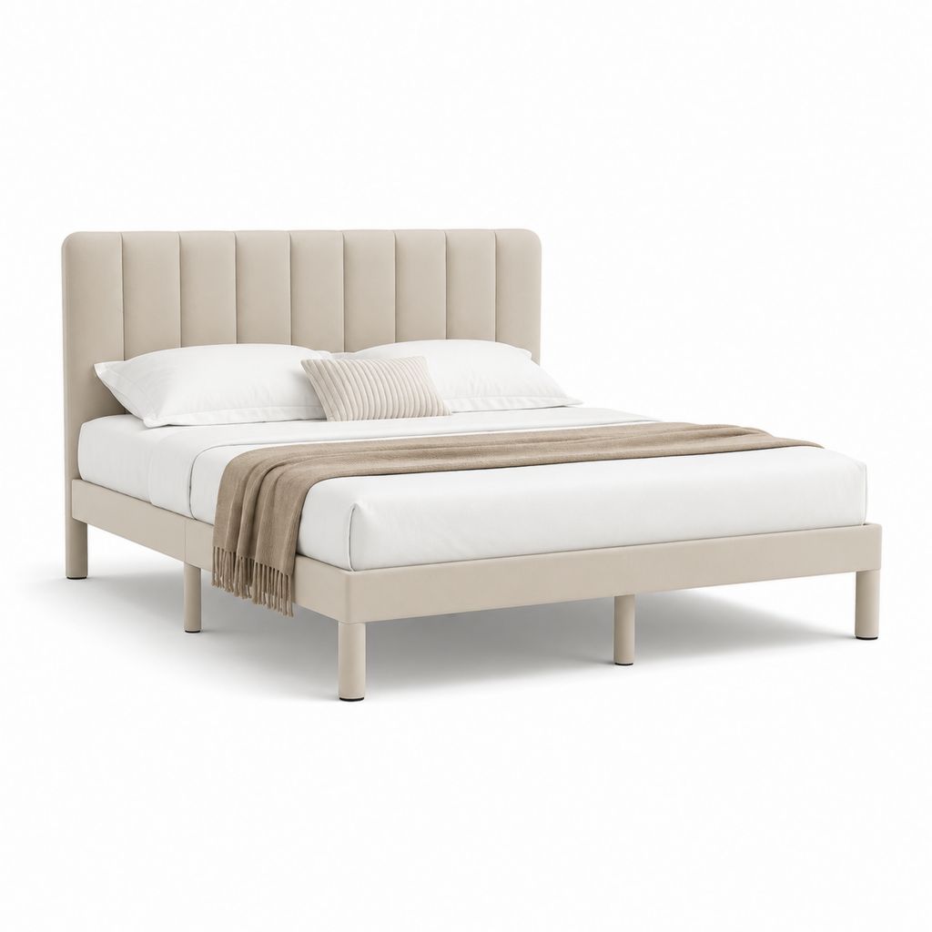 Polsterbett Beige mit Polyesterbezug und gepolstertem Kopfteil 160 x 200 cm