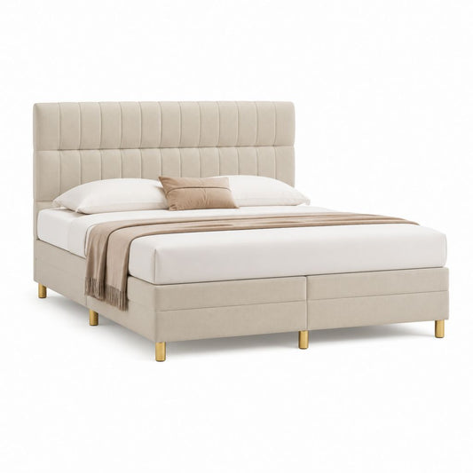 Polsterbett Beige mit Polyesterbezug und vertikal gestepptem Kopfteil 180 x 200 cm