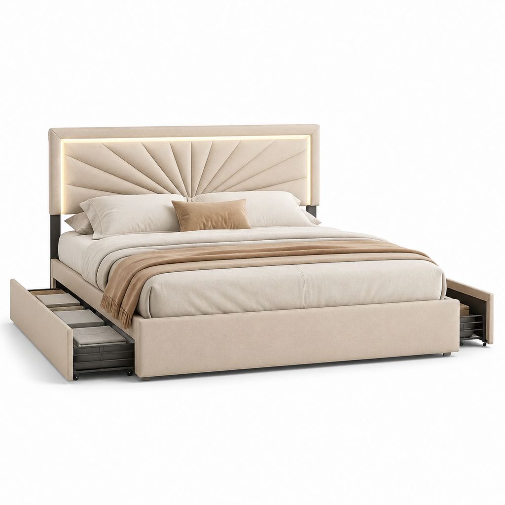 Polsterbett mit LED-Beleuchtung und Seitenschubladen Beige Polyester Rechteckig 180 x 200 cm