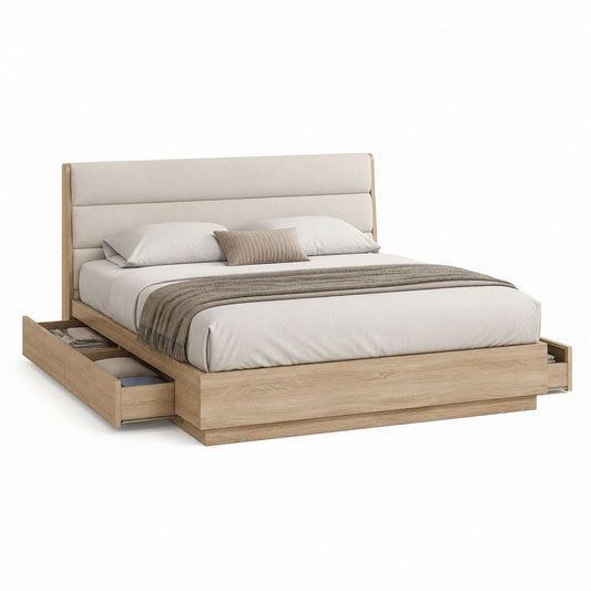 Stauraumbett Doppelbett Eichefarben mit gepolstertem Polyester-Kopfteil 160 x 200 cm