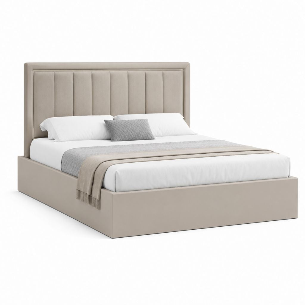 Polsterbett Beige mit Polyesterbezug und vertikal gestepptem Kopfteil 180 x 200 cm