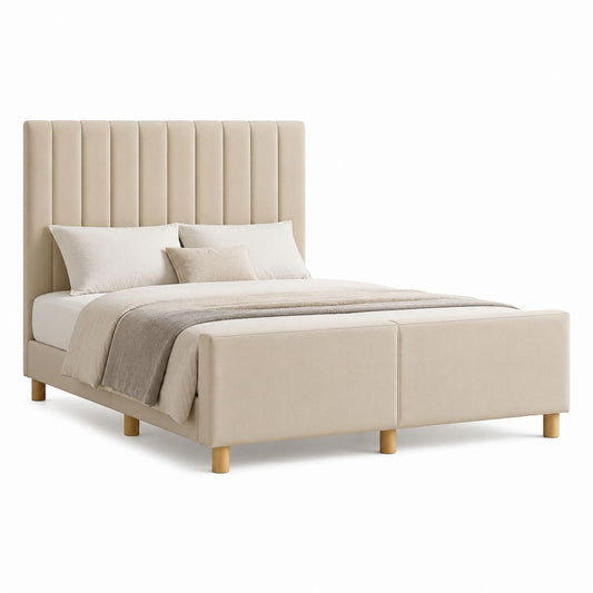 Polsterbett Doppelbett Beige mit Samtbezug und vertikal gepolstertem Kopfteil 160 x 200 cm